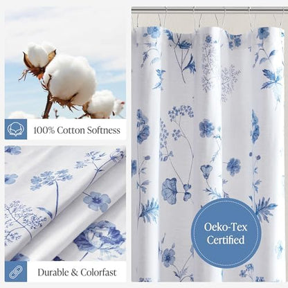 Martha Stewart 100% Cotton Floral Shower Curtain, 72 x 72, Blue