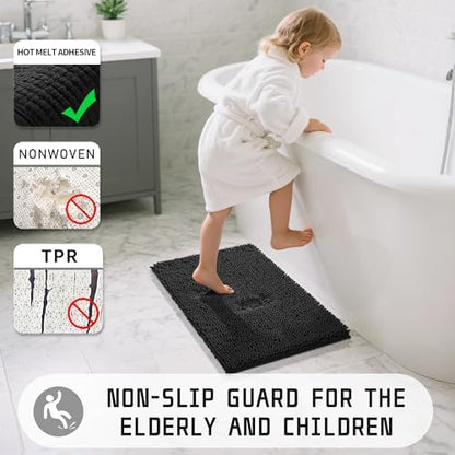 Yimobra Washable Bathroom Rugs, Super Soft & Absorbent Chenille Bath Mat for Floor & Carpet, Quick Dry Non Slip Bath Mat for Tub Shower, 32"x20",Black