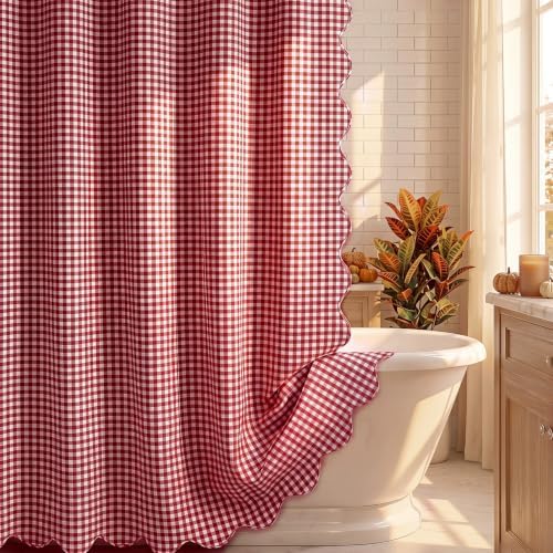 HunnmingRe Scalloped Gingham Shower Curtain Red