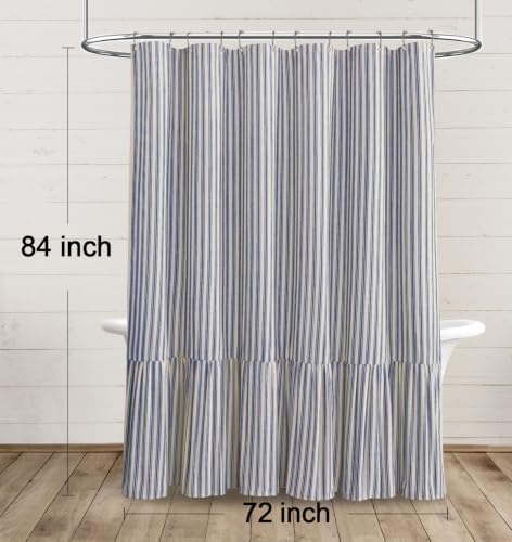 Farmhouse Shower Curtain Ruffle Linen Cream-Blue Stripe 72"W x 84"L