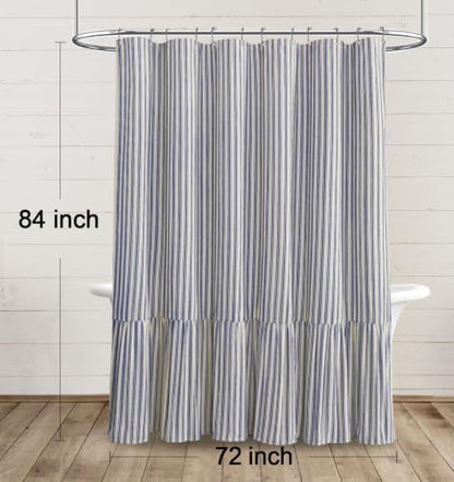 Farmhouse Shower Curtain Ruffle Linen Cream-Blue Stripe 72"W x 84"L
