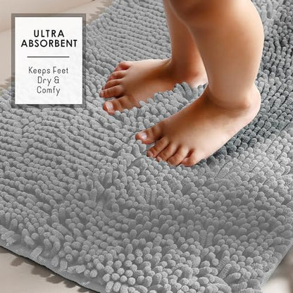 Hearth & Harbor Bathroom Rugs, Chenille Bath Mat - Machine Washable Bath Mats for Bathroom Non-Slip Backing Rubber, Quick Dry Bathroom Mat - Silver Bath Rug, 17x24