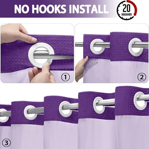 No Hook Shower Curtain with Liner Set Hotel Waffle Deep Purple 72W X 75L