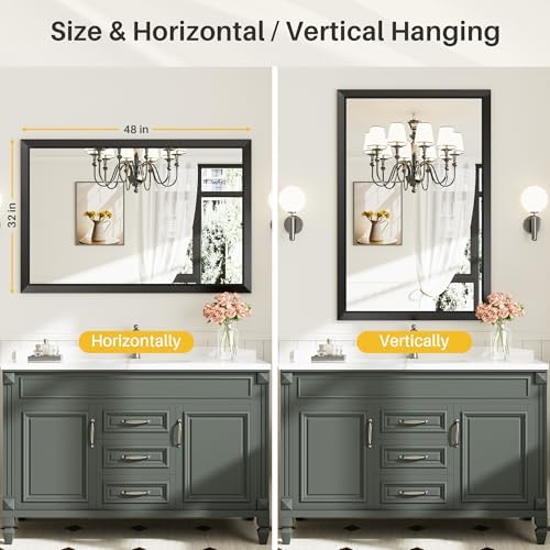 Briivue Black Metal Framed Bathroom Wall Mirror, 48x32 Inch