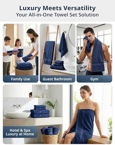 LANE LINEN Bath Towel Set 100% Cotton 6 Piece Soft Absorbent - Navy