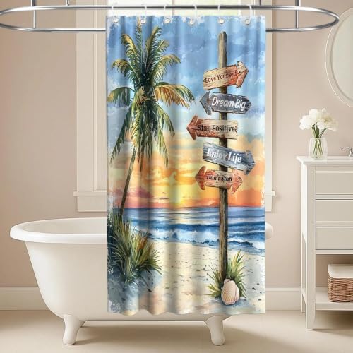 Beach Tropical Coastal Shower Curtain Luxury Aesthetic Palm Tree Summer Sun