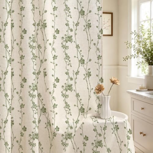Sage Green Farmhouse Linen Shower Curtain, Boho Floral Fabric, 72 x 72