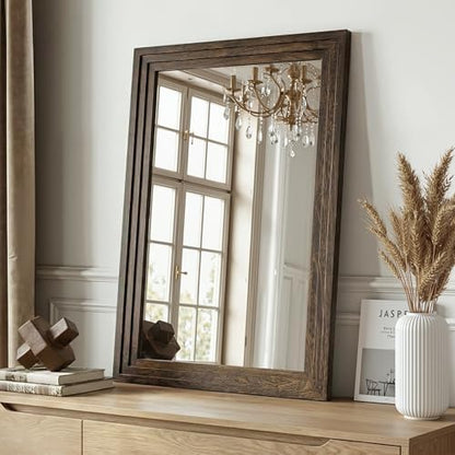 Farmhouse Rustic Wood Framed Bathroom Vanity Mirror for Wall, 20x30, Brown