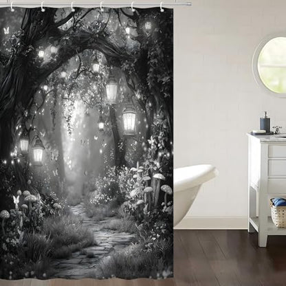 Fantasy Forest Path Shower Curtain Grey Fairy Magical Enchanted Misty Jungle Mushroom Floral Tree Butterfly Lantern Wonderland Bath Curtain Fabric Bathroom Accessories Decor with Hooks 47W x70L