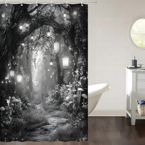 Fantasy Forest Path Shower Curtain Grey Fairy Magical Enchanted Misty Jungle Mushroom Floral Tree Butterfly Lantern Wonderland Bath Curtain Fabric Bathroom Accessories Decor with Hooks 47W x63L