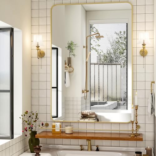 Easly 30 x 48 Inch Bathroom Mirror, Rounded Rectangular Vanity Mirror for Wall, Modern Mirror for Room Decor, Gold Framed Wall-Mounted Mirrors for Home Decor, Hangs Horizontally or Vertically
