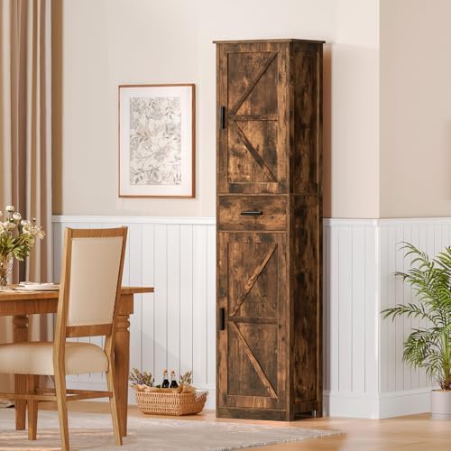 TEENFON Tall Bathroom Cabinet, Storage Cabinet with 6 Shelves & Drawer