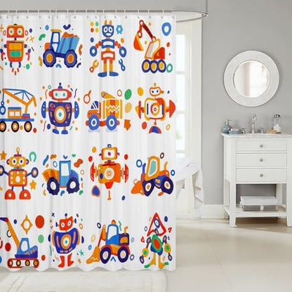 Feelyou Cute Robots Shower Curtain Kids Boys Truck Tractor Excavator Bathroom Waterproof Accessories with 12 Hooks 72x84 Inches Watercolor Machine Equipment Colorful Kawaii Room Decor,Blue Yellow