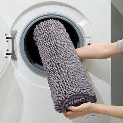 HOMEIDEAS Grey Long Chenille Bathroom Rugs Set of 3, Non Slip Bath Mat