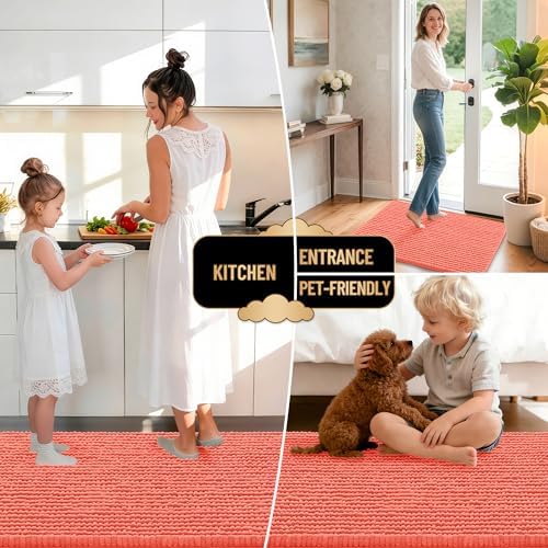 OLANLY Thick Chenille Bathroom Runner Rugs 70x24, Absorbent Bath Mat, Coral