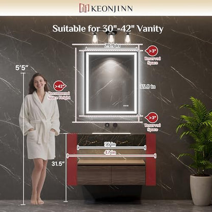 Keonjinn 30 x 36 Inch LED Bathroom Mirror with Lights, Frontlit & Backlit