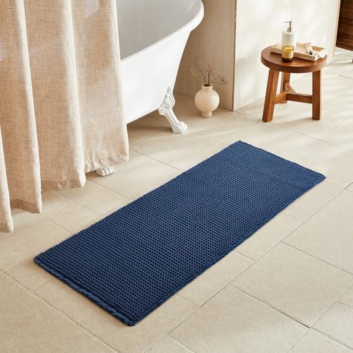 TYUU Waffle Runner Rug Bathroom, Long Boho Bath Mat, 60x24 Navy Blue