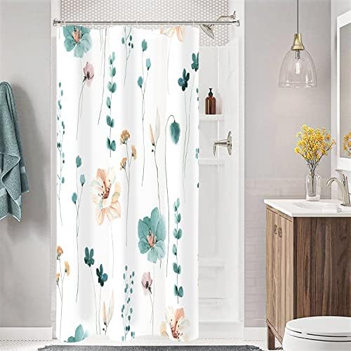 Gibelle Teal Beige Watercolor Floral Fabric Shower Curtain, 36x72