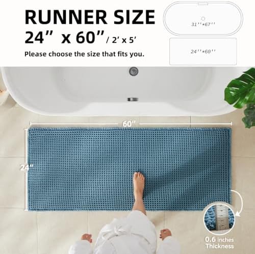 TYUU Waffle Runner Rug Bathroom, Long Boho Bath Mat, 60x24 Denim Blue