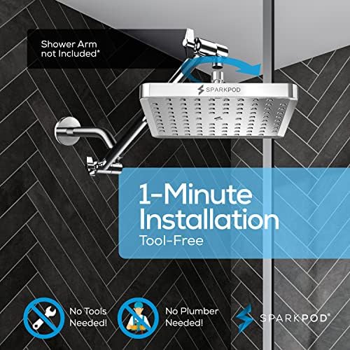 SparkPod Rain Shower Head, 8 Inch Square, Luxury Polished Chrome Finish