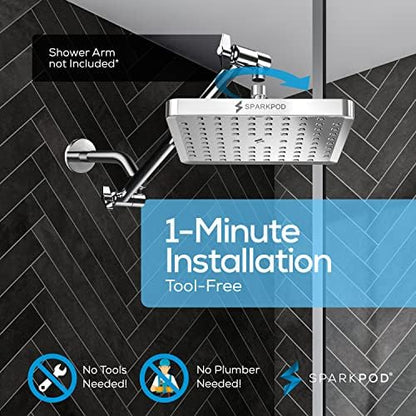 SparkPod Rain Shower Head, 8 Inch Square, Luxury Polished Chrome Finish