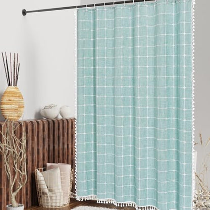 Boho Farmhouse Classic Plaid Linen Tassel Shower Curtain Teal Blue,36x72