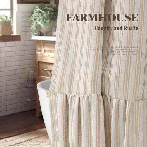 Farmhouse Shower Curtain Ruffle Linen Cream-Beige Stripe 72"W x 72"L