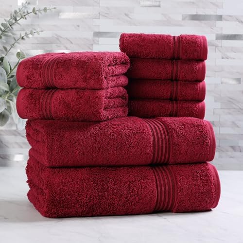 Superior Egyptian Cotton 8-Piece Towel Set, Assorted Towels for Home Bathroom, Guest Bath Decor Essentials, Includes 2 Bath, 4 Hand, 2 Face Towels/Washcloths, Quick Dry, Absorbent, Burgundy
