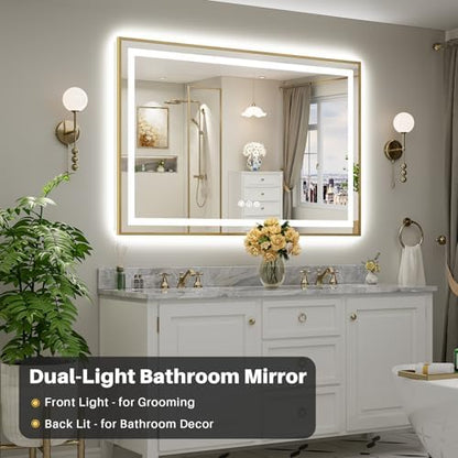 60x40 Inch LED Bathroom Mirror with Gold Frame, Backlit & Front Lit