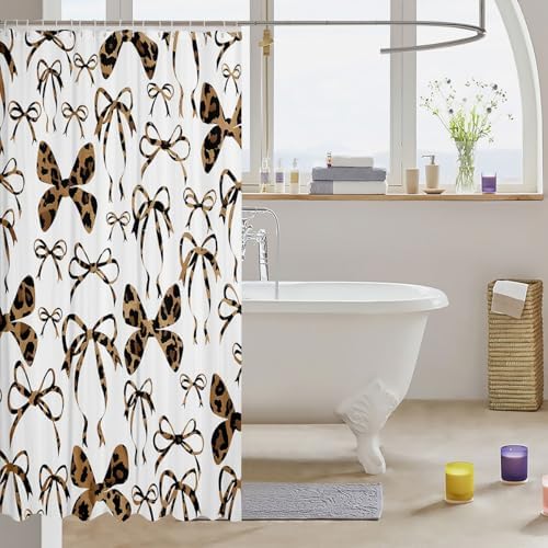 jejeloiu Cute Bowknot Shower Curtain for Bathroom Decor 72"x84" Brown Black Girls Bow Bath Curtain Kawaii Leopard Bathroom Accessories Waterproof Polyester Fabric for Stalls Bathtubs Princess Decor