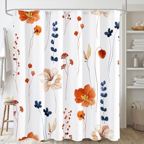 Gibelle Orange Navy Beige Watercolor Floral Fabric Shower Curtain, 72x72