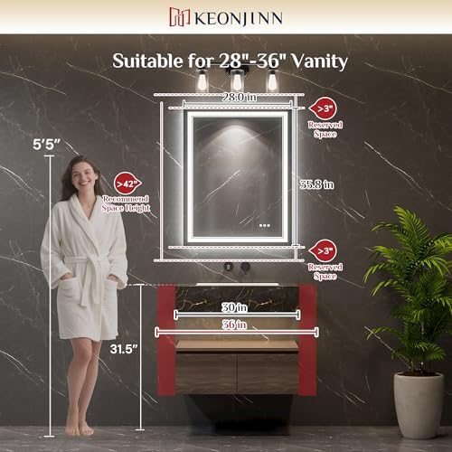 Keonjinn 28" x 36" LED Bathroom Mirror with Lights, Frontlit & Backlit