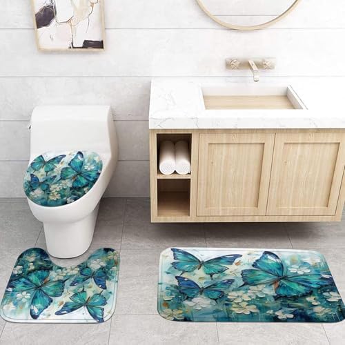 Chrainy 4pcs Green Butterfly Shower Cutain Set Bathroom Decor with Rugs