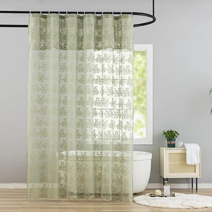 Sage Green Shower Curtain for Bathroom, 72x72, Lace with Attached Valance,