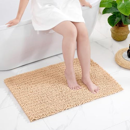Disolla Small Bath Mat 17x24 Inch - Chenille Beige Bathroom Rug, Extra Soft Absorbent Plush Shaggy Bathmat, Non-Slip Machine Washable Floor Mat for Shower, Tub and Sink