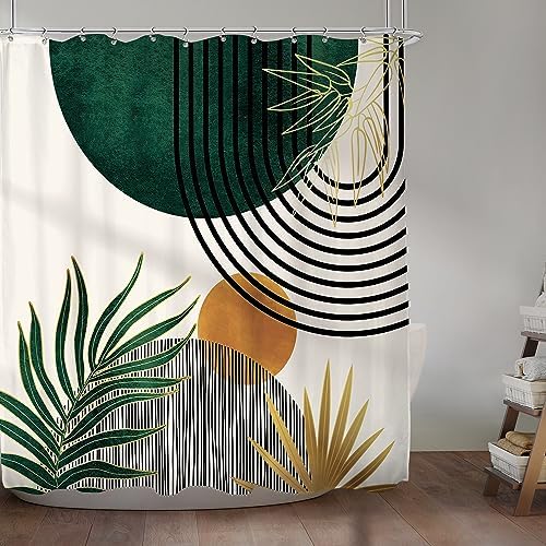KOMLLEX Mid Century Green Boho Abstract Modern Bathroom Shower Curtain Set