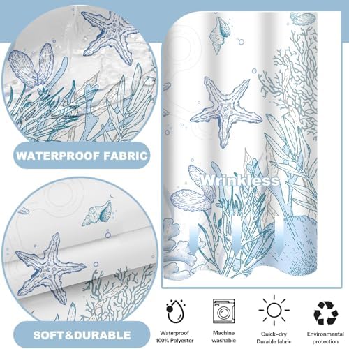 No Hook Shower Curtain and Liner Set for Bathroom, Blue Beach Coastal 71x74