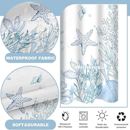 No Hook Shower Curtain and Liner Set for Bathroom, Blue Beach Coastal 71x74