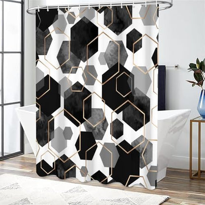 deFouliao Black Shower Curtain Modern Abstract Geometric Grid Bathroom Curtain Sets for Bathtub Home Art Decor, Waterproof Fabric Washable with Hooks, 72x78 Inch