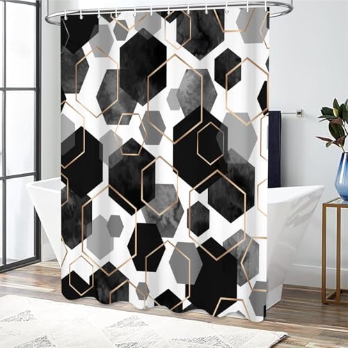 deFouliao Black Shower Curtain Modern Abstract Geometric Grid Bathroom Curtain Sets for Bathtub Home Art Decor, Waterproof Fabric Washable with Hooks, 60x72 Inch