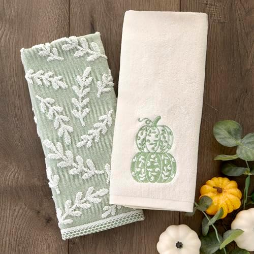 SKL Home Leaf Sprig Hand Towel Set-2pc, 100% Cotton, Reversible, Sage