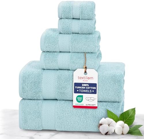 TEXTILOM 100% Turkish Cotton 6 Pcs Luxury Bath Towel Set, Soft & Absorbent Towels for Bathroom (2 Bath Towels, 2 Hand Towel, 2 Washcloths) - Aqua