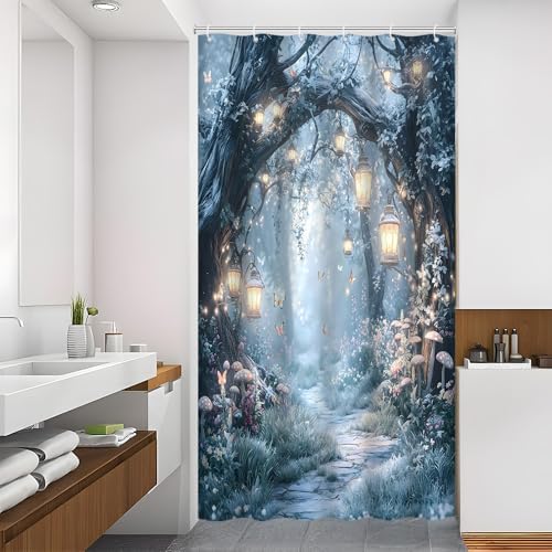 Fantasy Forest Path Shower Curtain Winter Fairy Magical Enchanted Misty Jungle Mushroom Floral Tree Butterfly Lantern Wonderland Bath Curtain Fabric Bathroom Accessories Decor with Hooks 47W x63L