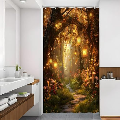 Fantasy Forest Path Shower Curtain Fall Fairy Magical Enchanted Misty Jungle Mushroom Floral Tree Butterfly Lantern Wonderland Bath Curtain Fabric Bathroom Accessories Decor with Hooks 47W x63L