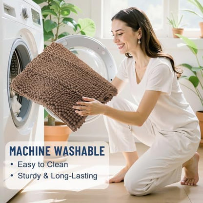 Grandaily Chenille Striped Bathroom Rugs 30x20, Extra Thick and Soft Absorbent Bath Mats, Rubber Backing, Plush Shaggy Shower Carpet, Machine Wash Dry, Bath Rug for Bathroom, Mocha