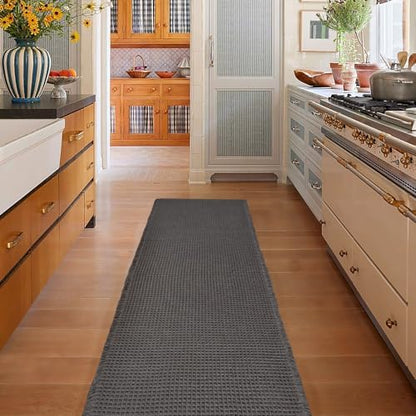 ZALL Dark Grey Waffle Bath Mat,Super Absorbent Non Slip Bathroom Rug, Gray 24x72inch, Machine Washable Ultra Soft Floor Mats