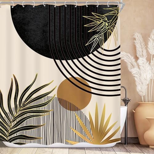 Mid Century Black Gold Boho Abstract Modern Bathroom Shower Curtain Set