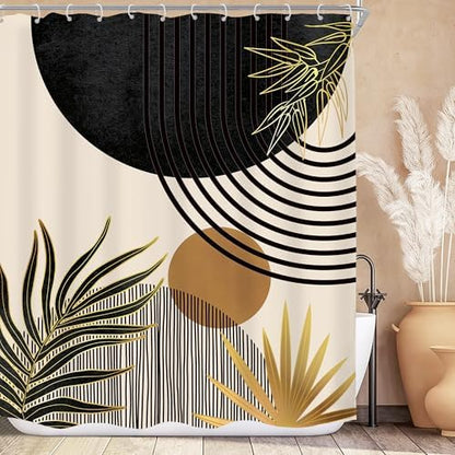 Mid Century Black Gold Boho Abstract Modern Bathroom Shower Curtain Set