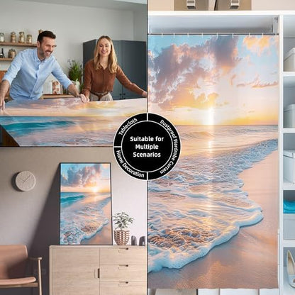 Ocean Beach Coastal Nautical Summer Sunset Shower Curtain for Bathroom 72W*72H Inch Seaside Seacoast Beachy Waves Bathtub Decor Seascape Neutral Cool Waterproof Polyester Fabric Set with 12 Hooks
