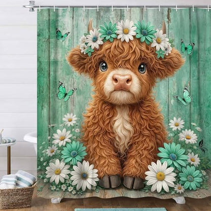 Cute Cow Shower Curtain, Farmhouse Rustic Green Floral Daisy Highland Cow Shower Curtains for Bathroom, Calf Country Farm Animal Garden Plant Fabric Bathroom Decor with Hooks, 54x72 inch